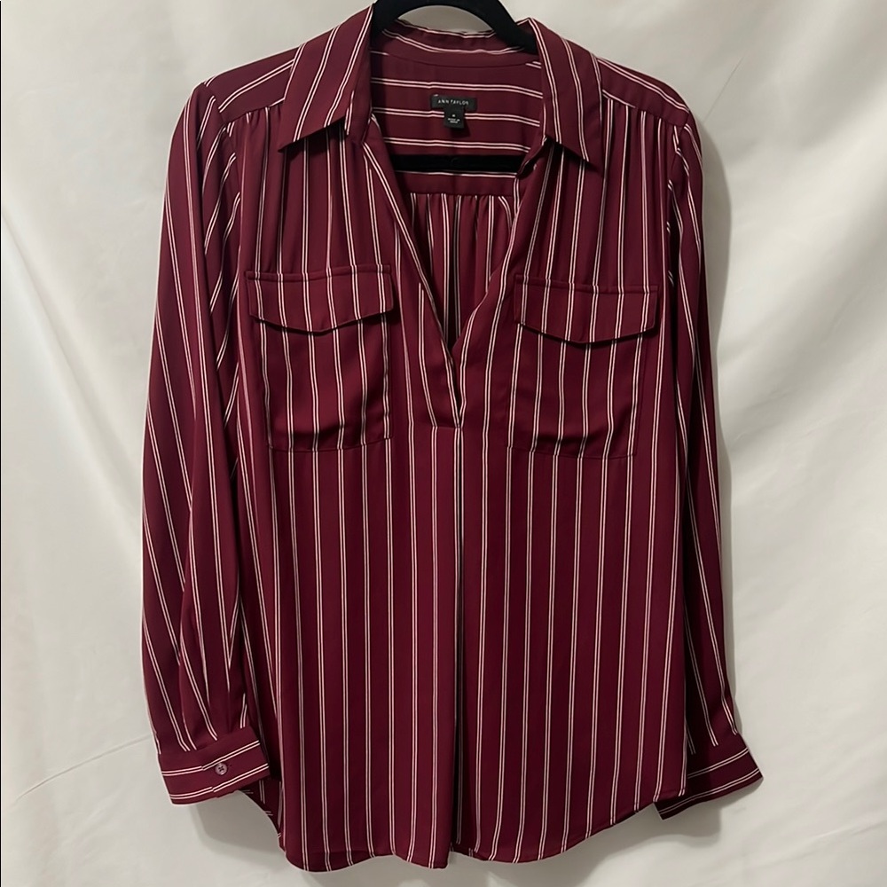 Ann Taylor Red Buttoned Blouse with Notched Collar